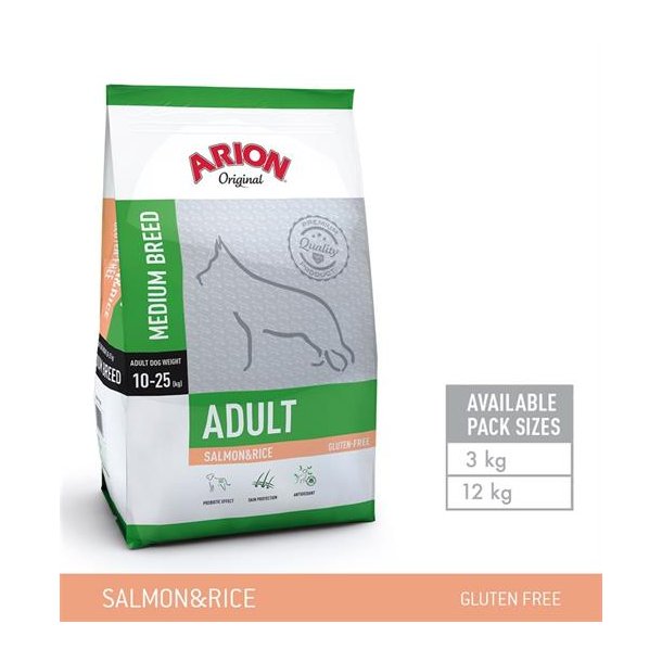 Arion Voksen hundefoder Medium Breed  Laks &amp; Ris Glutenfri 12 kg.